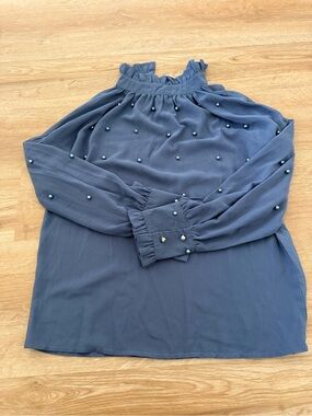 Blue Pearl-Accent Ruffle Neck Blouse